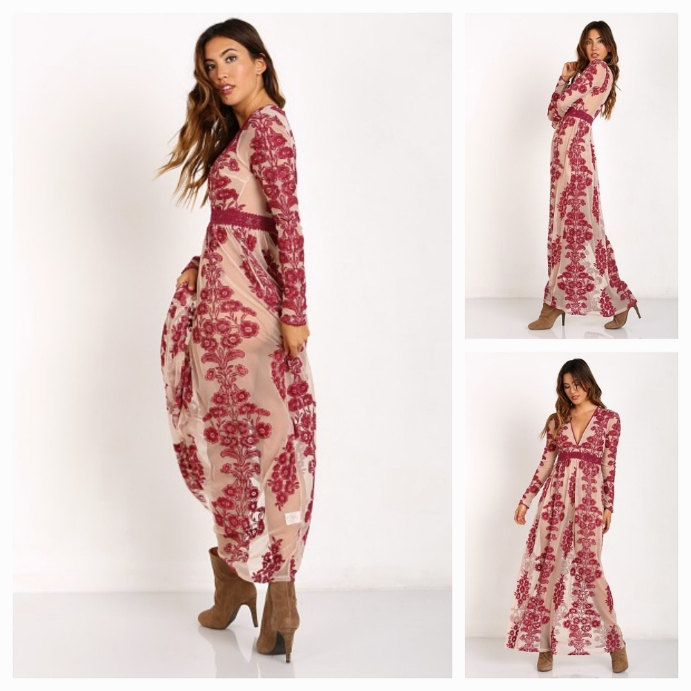 For Love And Lemons Red and Cream Floral Long Sleeve Dress